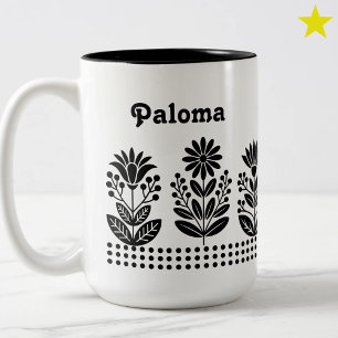 Caneca De Café Em Dois Tons Arte Floral Folk Minimalista Moderna com Nome Pers