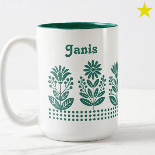Caneca De Café Em Dois Tons Arte Floral Folk Minimalista Moderna em Azul Turqu