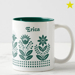 Caneca De Café Em Dois Tons Arte Floral Minimalista Verde Personalizada