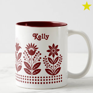 Caneca De Café Em Dois Tons Arte Floral Minimalista Vermelho Escuro com Nome P