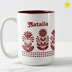 Caneca De Café Em Dois Tons Arte Floral Vermelha Minimalista Moderna Nome Pers