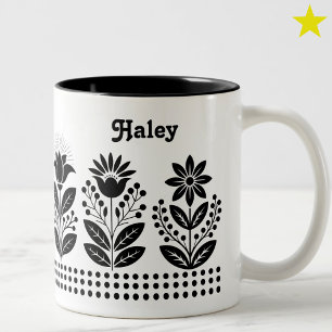 Caneca De Café Em Dois Tons Arte Folclórica Minimalista Preta Floral Nome Pers