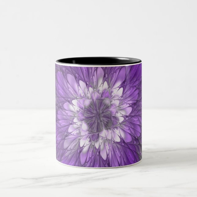Caneca De Café Em Dois Tons Arte Fractal Abstrato de Flor Roxo Psicodélico (Centro)