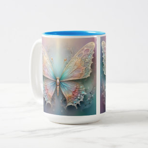 Caneca De Café Em Dois Tons Arte Fractal de Borboleta Pastel Elegante,