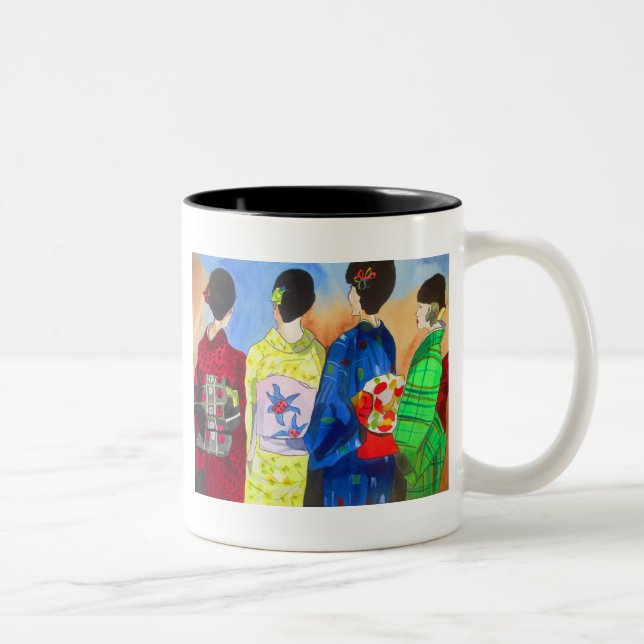 Caneca De Café Em Dois Tons Arte Geisha Japonesa primavera kimono (Direita)