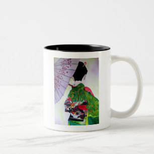 Caneca De Café Em Dois Tons Arte japonesa Geisha com quimono e guarda-chuva