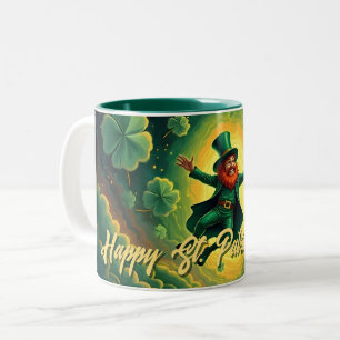 Caneca De Café Em Dois Tons Arte Mágico do Dia de São Patrício com Leprechaun