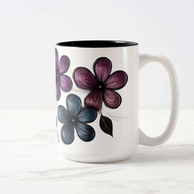 Caneca De Café Em Dois Tons Arte Plástica de Doodle Metálica - Flor Emboscada  (Direita)