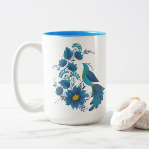 Caneca De Café Em Dois Tons Arte Popular Floral Pássaro Azul Moderno 
