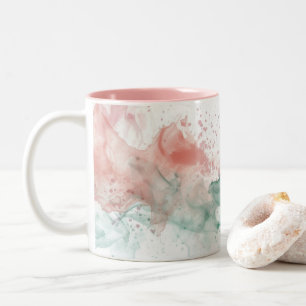 Caneca De Café Em Dois Tons Arte Splash Rosa Pastel e Verde Sage
