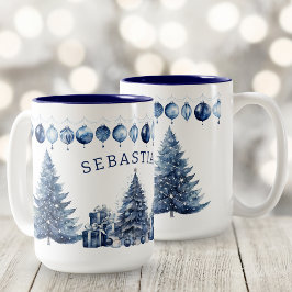 Caneca De Café Em Dois Tons Árvore de Natal Azul Marinho Moderno em Aquarela N