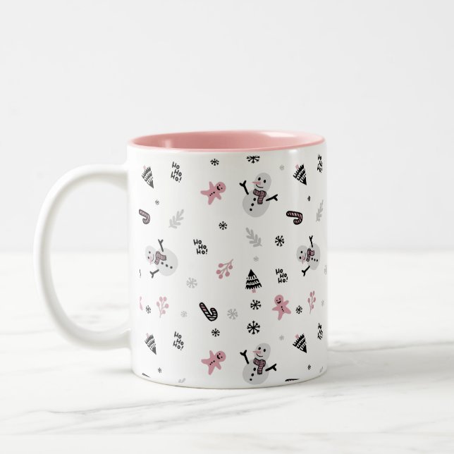 Caneca De Café Em Dois Tons Árvore de Natal Bonita - Padrão de Canas de Neve (Esquerda)