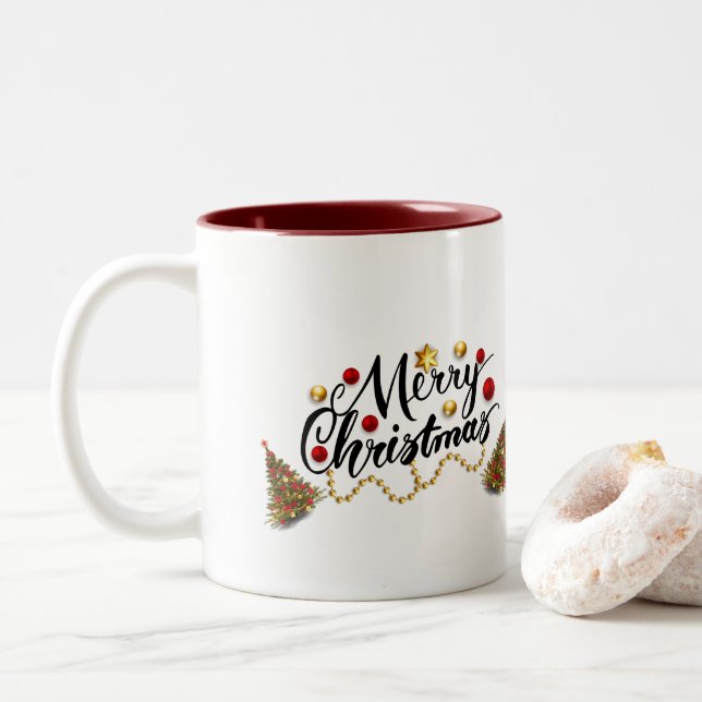 Caneca De Café Em Dois Tons Árvore de Natal Red Merry (Com Donut)