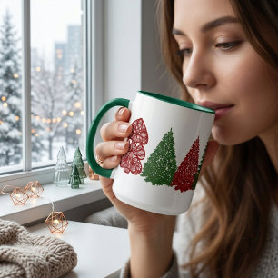 Caneca De Café Em Dois Tons Árvore de Natal Rústica Vintage Arte Colorida Fest