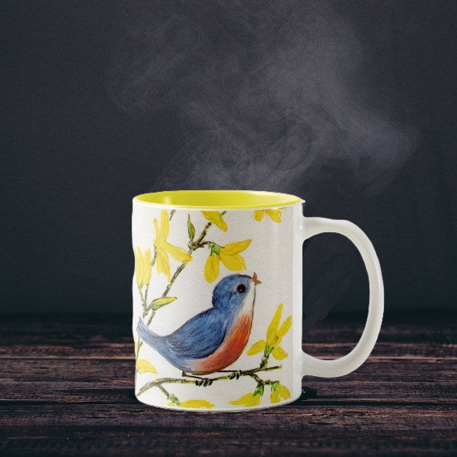 Caneca De Café Em Dois Tons Árvore de passarinho azul cantando fofinho (Cute blue red bird on branch yellow flowers on faux textured white coffee or tea mug.)