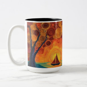 Caneca De Café Em Dois Tons "Árvore do Pôr do Sol Giratório & Barco à Vela