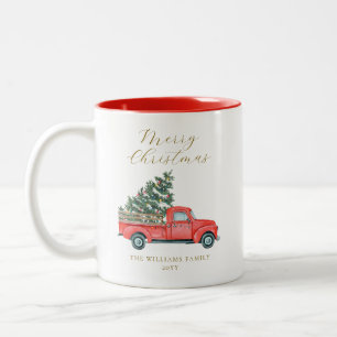 Caneca De Café Em Dois Tons Árvore natalícia e Feliz Vermelha de Caminhão X