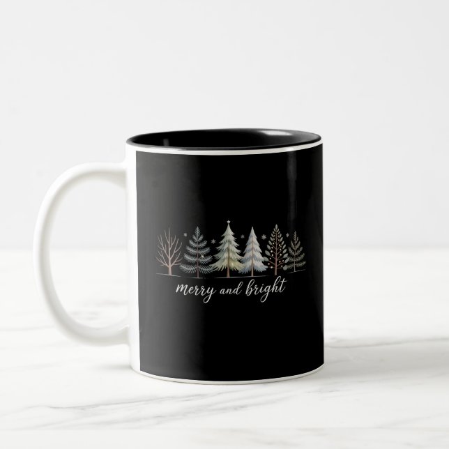 Caneca De Café Em Dois Tons Árvores Alegres e Iluminadas Natal Feriado Inverno (Esquerda)