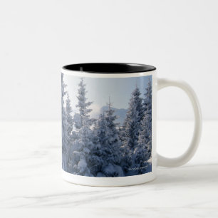 Caneca De Café Em Dois Tons Árvores cobertos de neve e montanhas