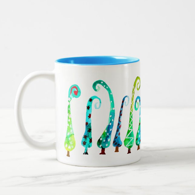 Caneca De Café Em Dois Tons Árvores de Natal caprichosas aquarela (Esquerda)