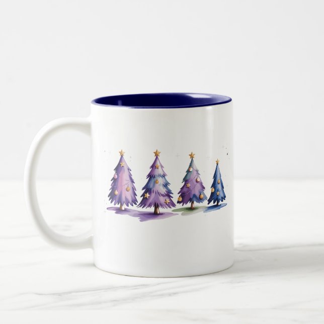 Caneca De Café Em Dois Tons Árvores de Natal Roxas Feriado de Inverno (Esquerda)
