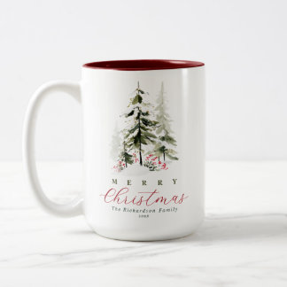 Caneca De Café Em Dois Tons Árvores de Pinheiro Natalinas Rústicas em Aquarela