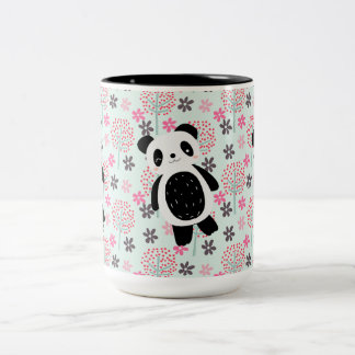 Caneca De Café Em Dois Tons Árvores, Flores e Ursos de Panda