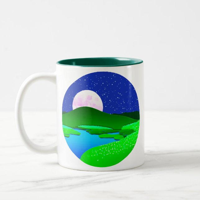 Caneca De Café Em Dois Tons Ascensão De Lua Completa Sobre Colinas Verdes (Esquerda)