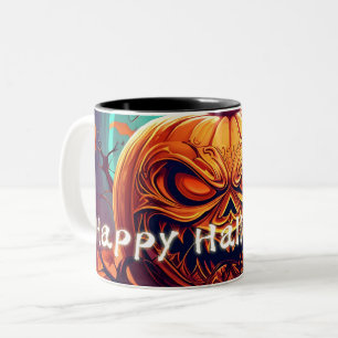 Caneca De Café Em Dois Tons Assustador Olhando Pumpkin Laranja com Rosto, Hall
