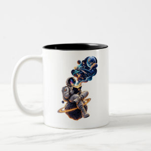 Caneca De Café Em Dois Tons Astronauta Cósmico Lendo Aventura Espacial