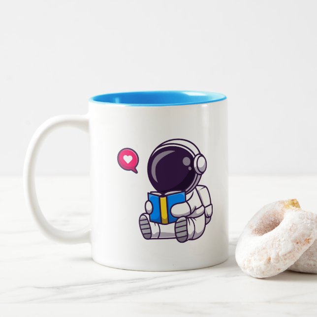 Caneca De Café Em Dois Tons Astronauta lendo livro crianças bonitinhas (Com Donut)