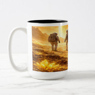 Caneca De Café Em Dois Tons Astronautas exploram planeta amarelo