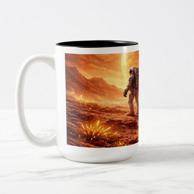 Caneca De Café Em Dois Tons Astronautas Exploram Planeta Laranja (Esquerda)