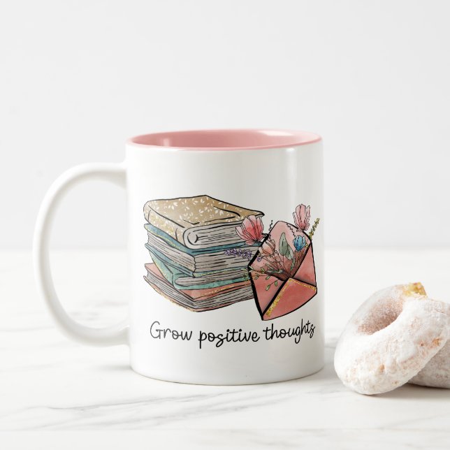 Caneca De Café Em Dois Tons Aumente os pensamentos positivos (Com Donut)
