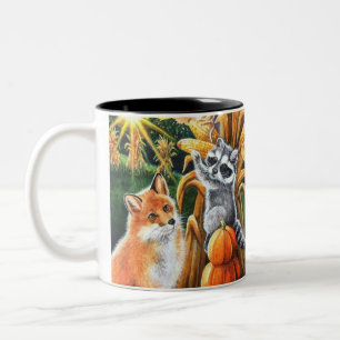 Caneca De Café Em Dois Tons Autumn Harvest Corn Red Fox Raccoon Watercolor Art