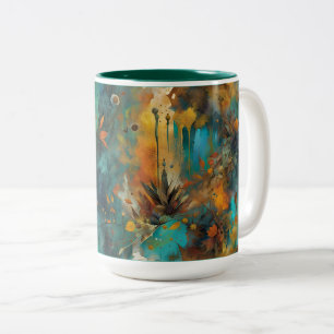 Caneca De Café Em Dois Tons Autumn Harvest Teal Rust Abstrato Dourado