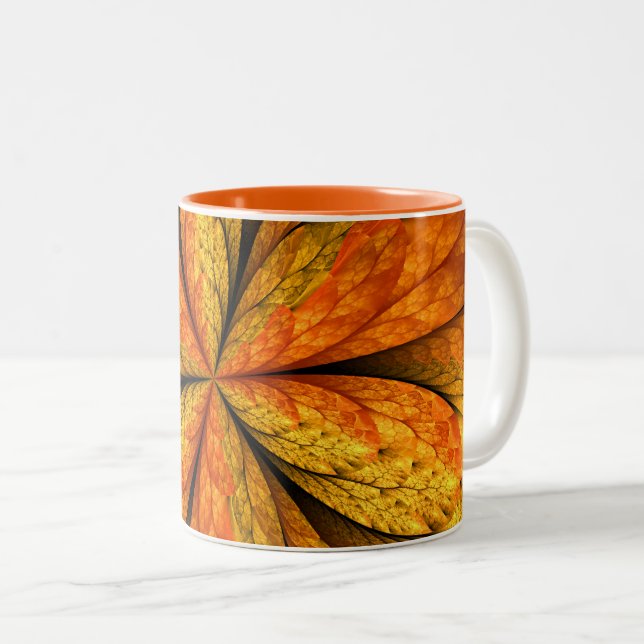 Caneca De Café Em Dois Tons Autumn Plant, Modern Abstrato Fractal Art Leaf (Frente Esquerda)