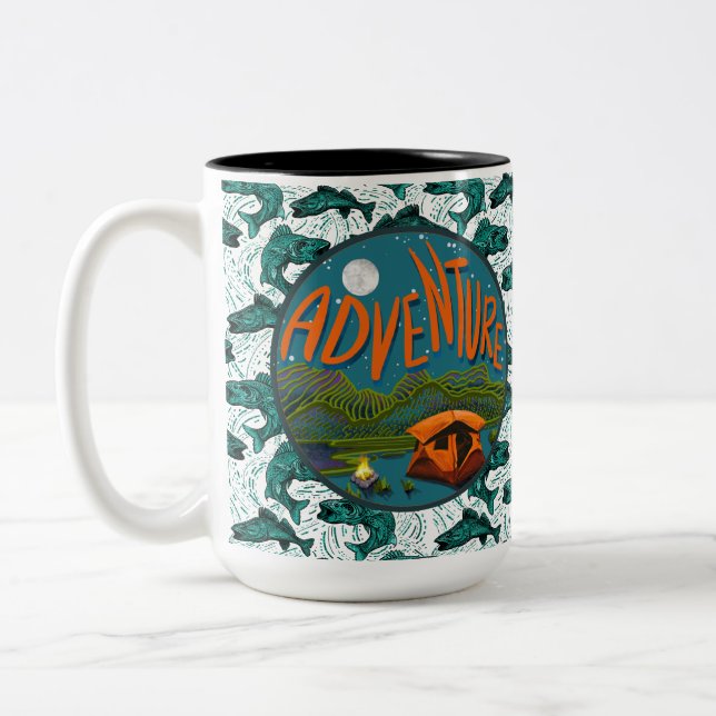 Caneca De Café Em Dois Tons Aventura de Camping e Pesca (Esquerda)