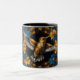 Caneca De Café Em Dois Tons Aves de caça de Ouro em Flores Pretas e Azuis