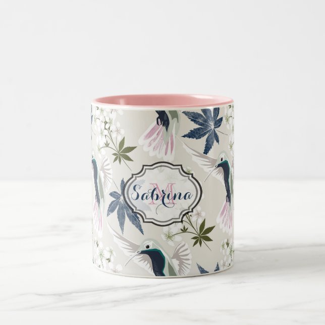 Caneca De Café Em Dois Tons Aves e flores brancas. (Centro)