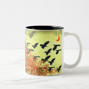 Caneca De Café Em Dois Tons Aves Voando Lua Vermelha