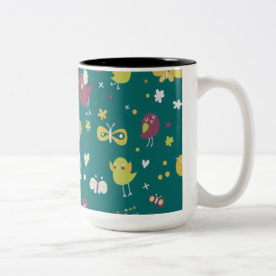 Caneca De Café Em Dois Tons Aves Whimsical e Borboletas