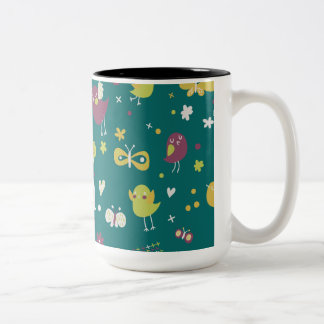 Caneca De Café Em Dois Tons Aves Whimsical e Borboletas