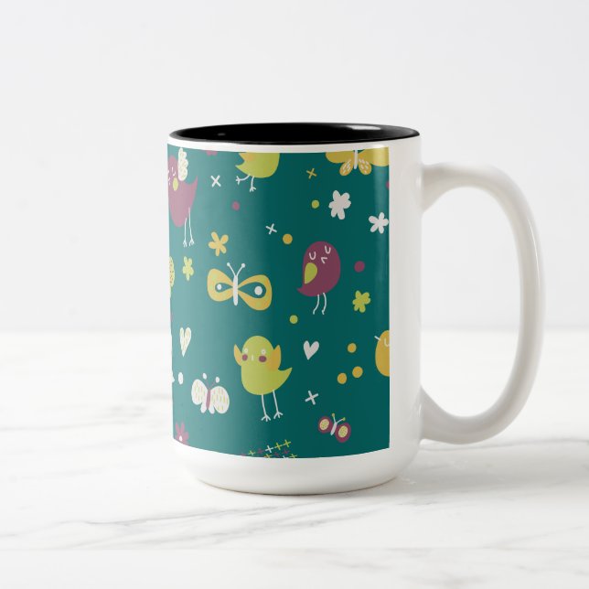 Caneca De Café Em Dois Tons Aves Whimsical e Borboletas (Direita)