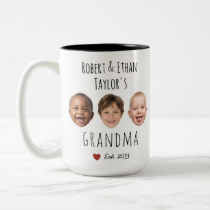 Caneca De Café Em Dois Tons Avó Personalizada com 3 Rostos e Nomes de Crianças