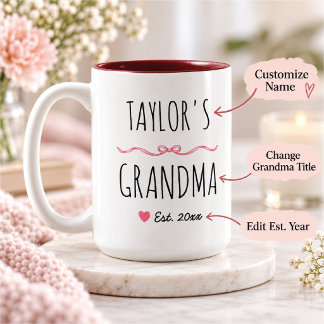 Caneca De Café Em Dois Tons Avó Personalizada com Laço Rosa Nome e Ano de Est.