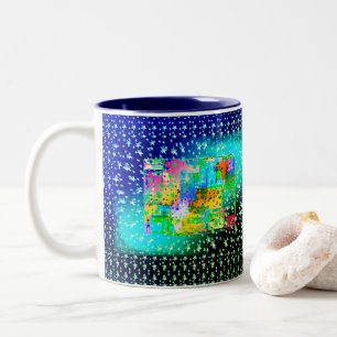 Caneca De Café Em Dois Tons Azul Abstrato Geométricas Estrelas Brilhadas Verd