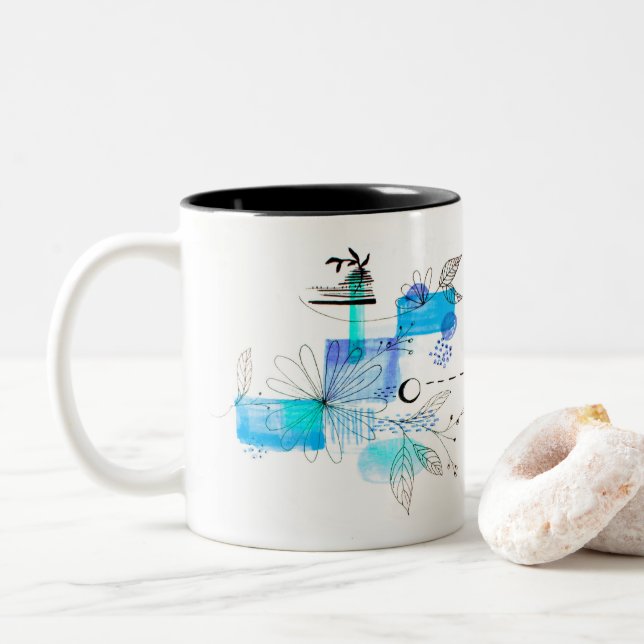 Caneca De Café Em Dois Tons Azul-Abstrato Geométrico Azul (Com Donut)