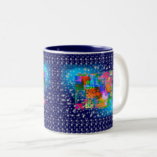 Caneca De Café Em Dois Tons Azul Abstrato Geométrico Estrelas Brilho