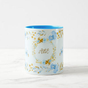 Caneca De Café Em Dois Tons Azul-claro-personalizado Cor de água floral Dourad